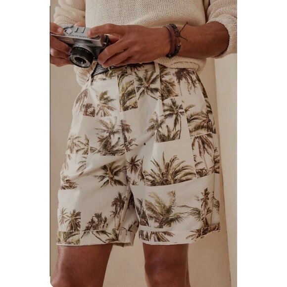 Banana Republic Other - Banana Republic Linen Blend 9" Shorts Mens 31 Cream Green Palm Pleated Front NEW